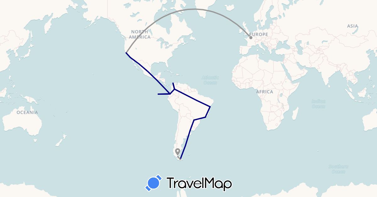 TravelMap itinerary: driving, plane in Argentina, Brazil, Colombia, Ecuador, France, United States (Europe, North America, South America)